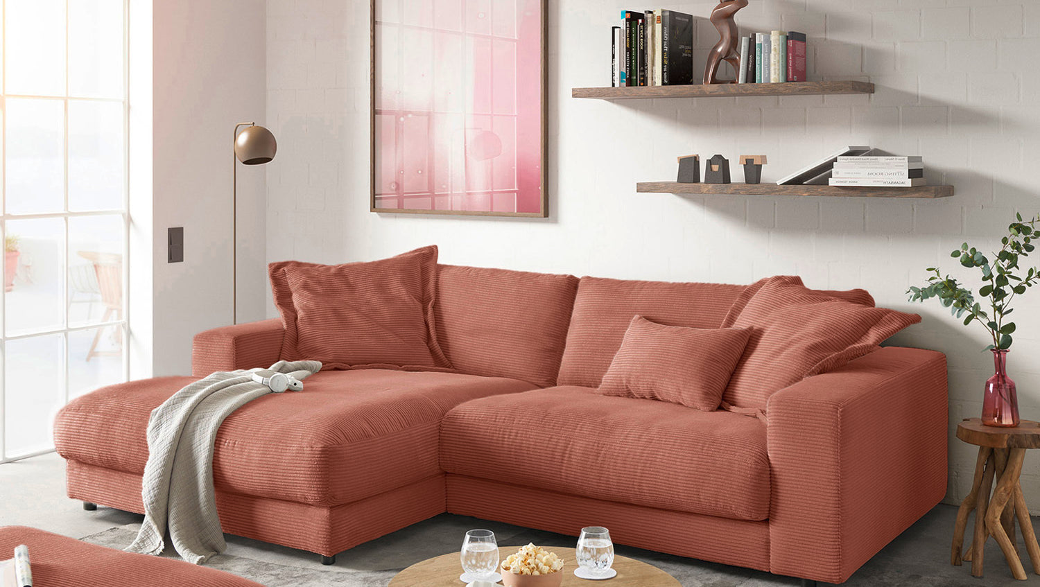 KAWOLA Sofa MADELINE Ecksofa mit Longchair Cord rost, Links