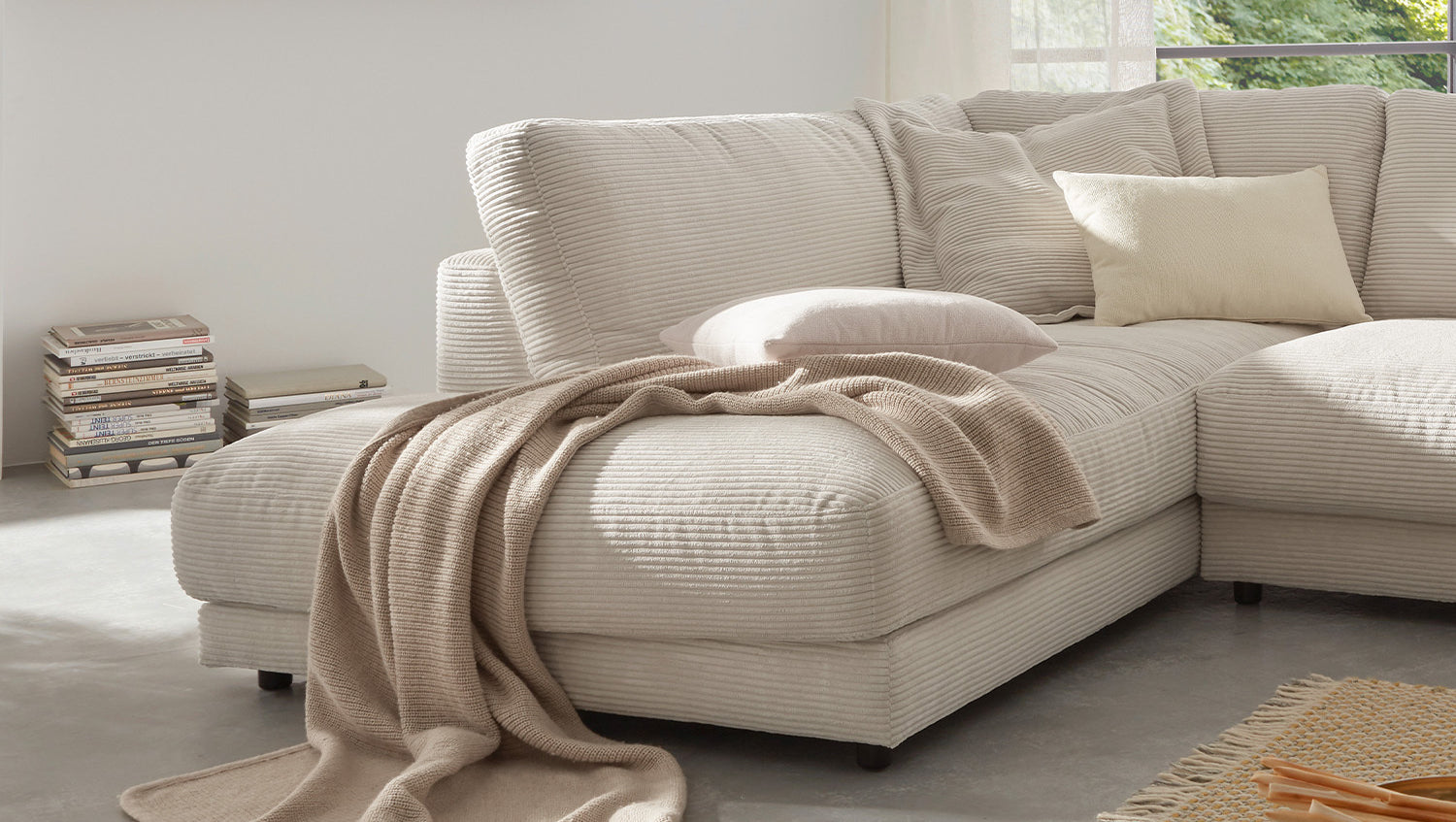 KAWOLA Sofa MADELINE Ecksofa mit Recamiere Cord cremeweiß