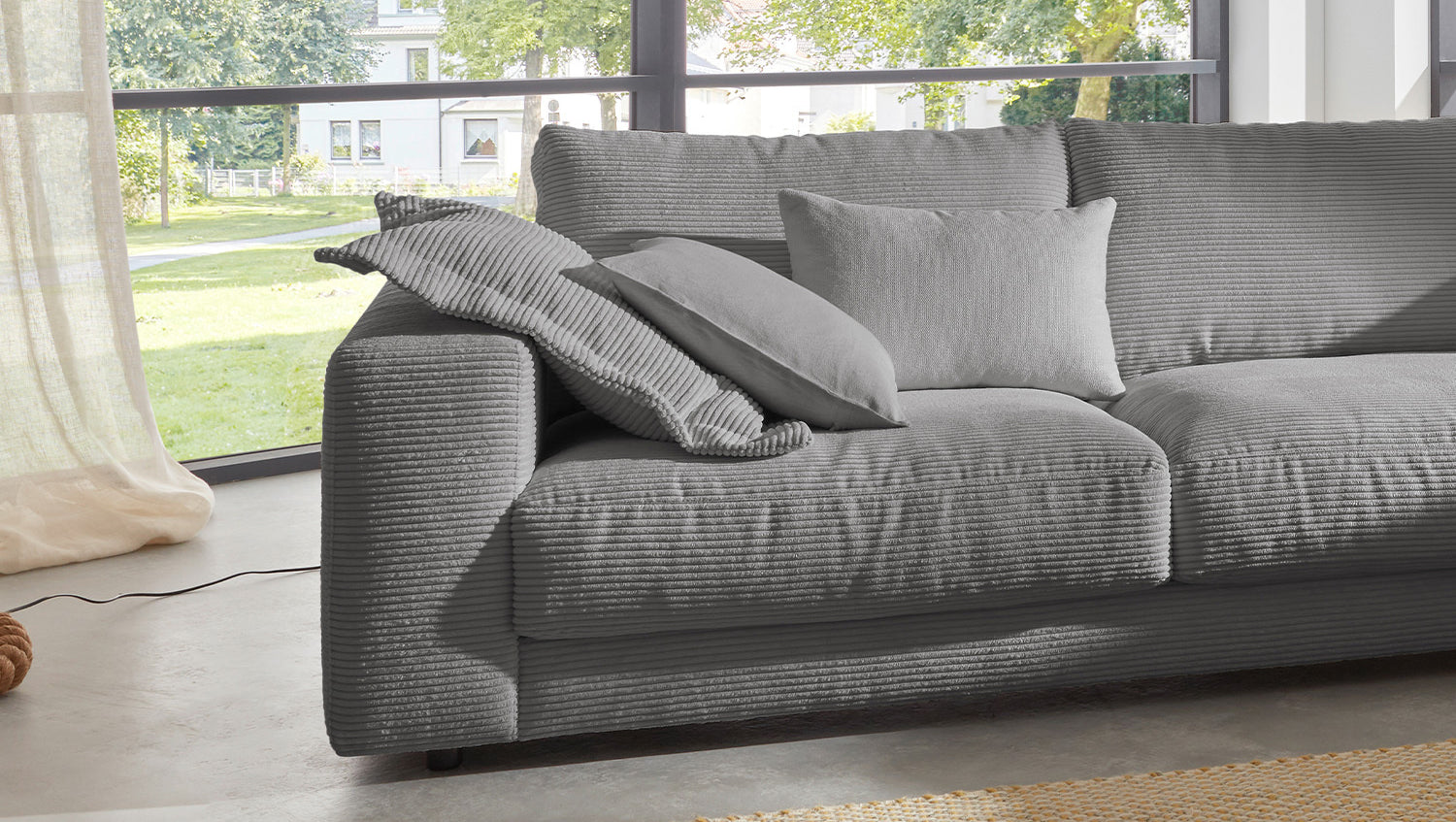 KAWOLA Sofa MADELINE Ecksofa mit Recamiere Cord grau