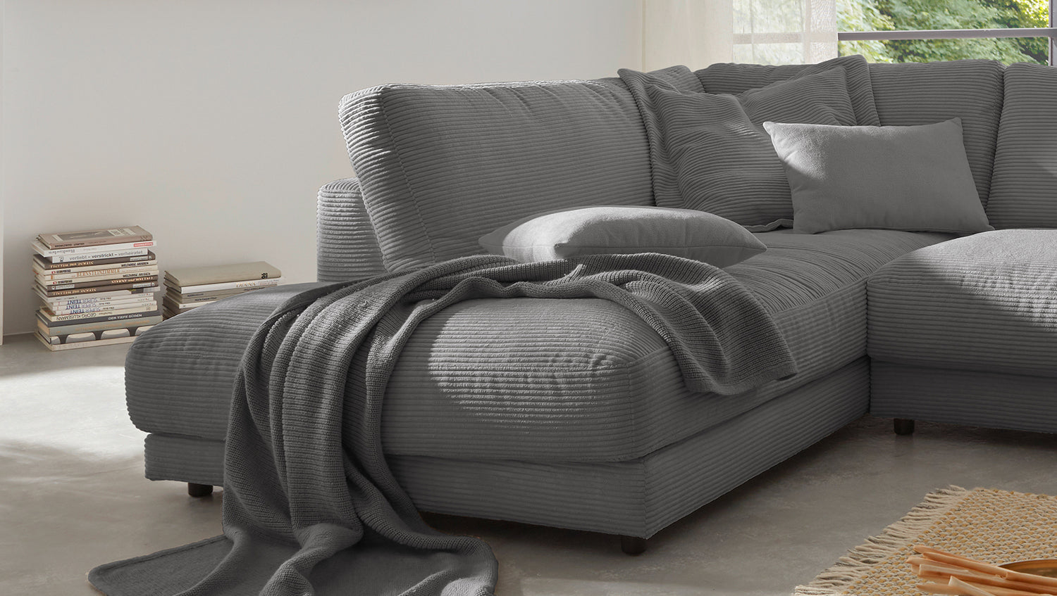 KAWOLA Sofa MADELINE Ecksofa mit Recamiere Cord grau