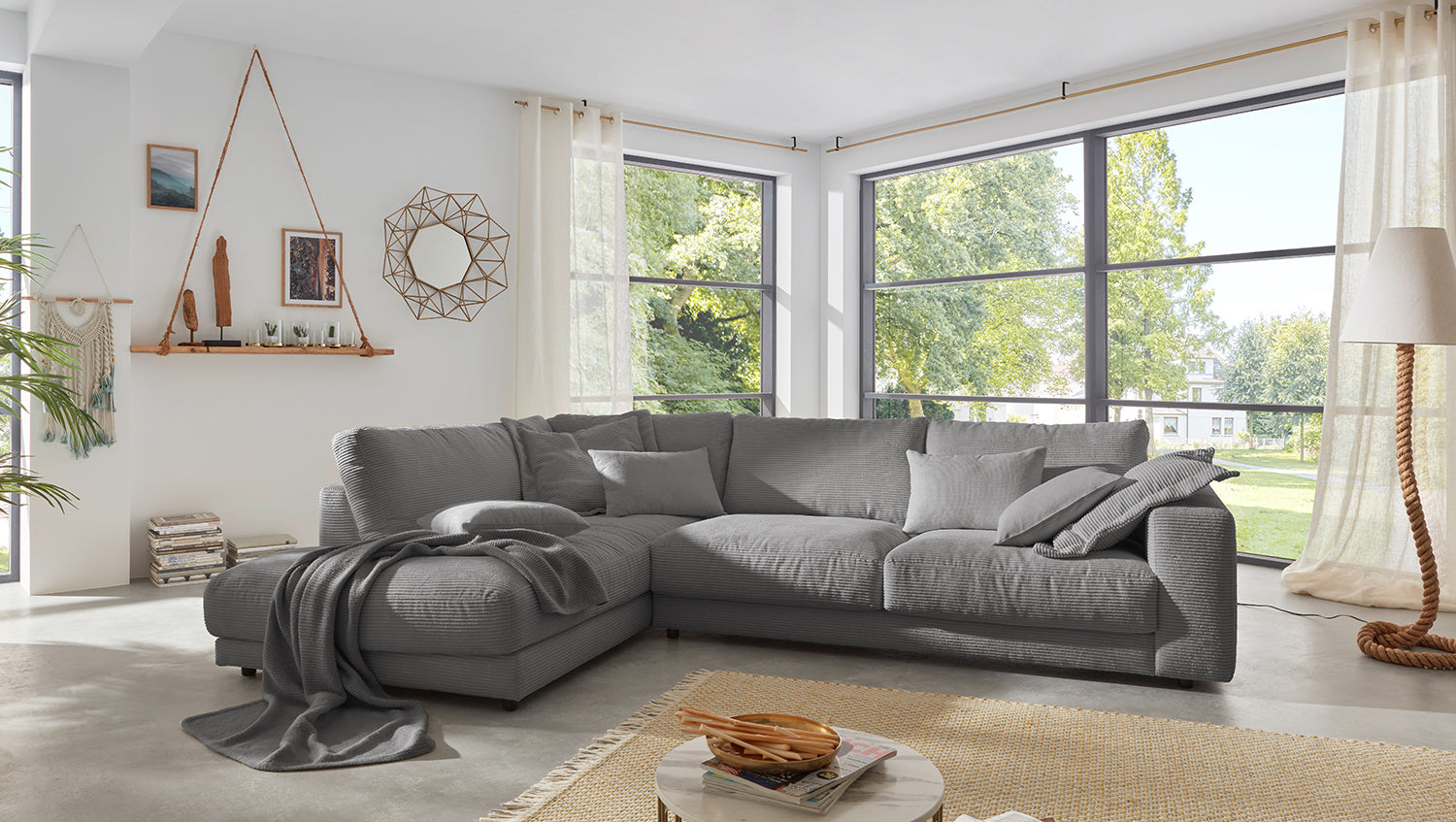 KAWOLA Sofa MADELINE Ecksofa mit Recamiere Cord grau, Links