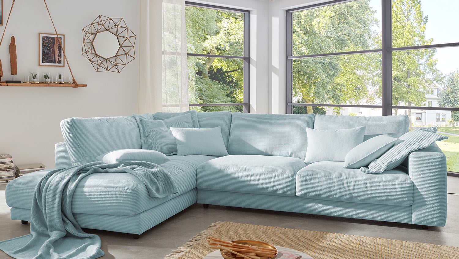 KAWOLA Sofa MADELINE Ecksofa mit Recamiere Cord hellblau