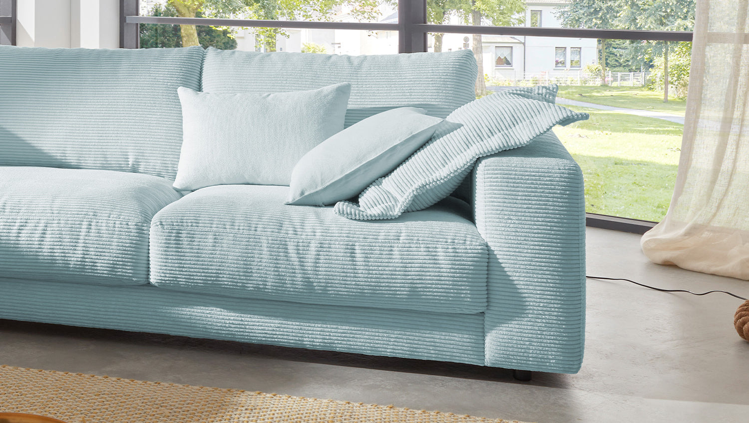 KAWOLA Sofa MADELINE Ecksofa mit Recamiere Cord hellblau