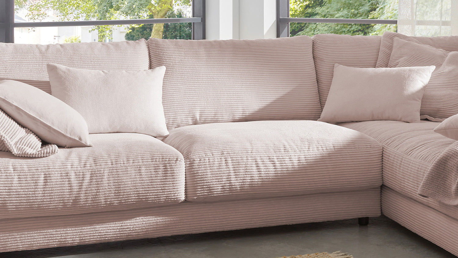 KAWOLA Sofa MADELINE Ecksofa mit Recamiere Cord rosa