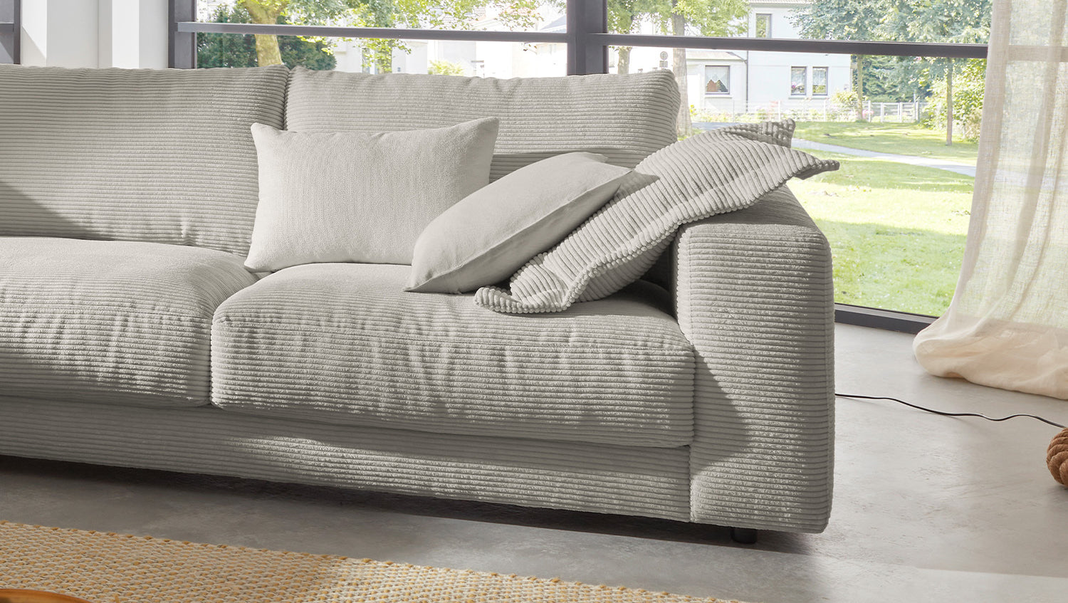 KAWOLA Sofa MADELINE Ecksofa mit Recamiere Cord steingrau