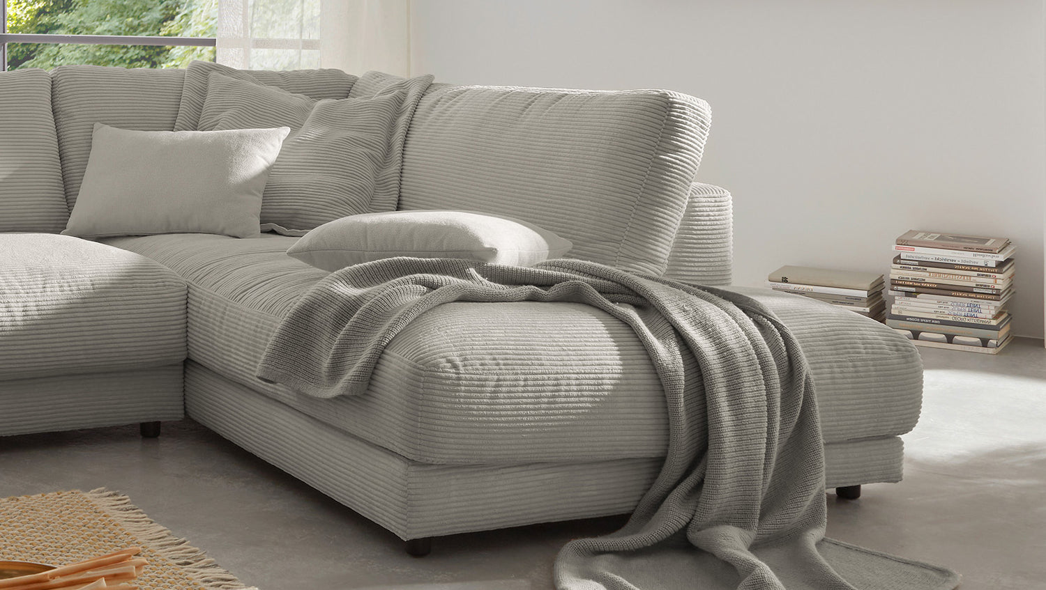 KAWOLA Sofa MADELINE Ecksofa mit Recamiere Cord steingrau