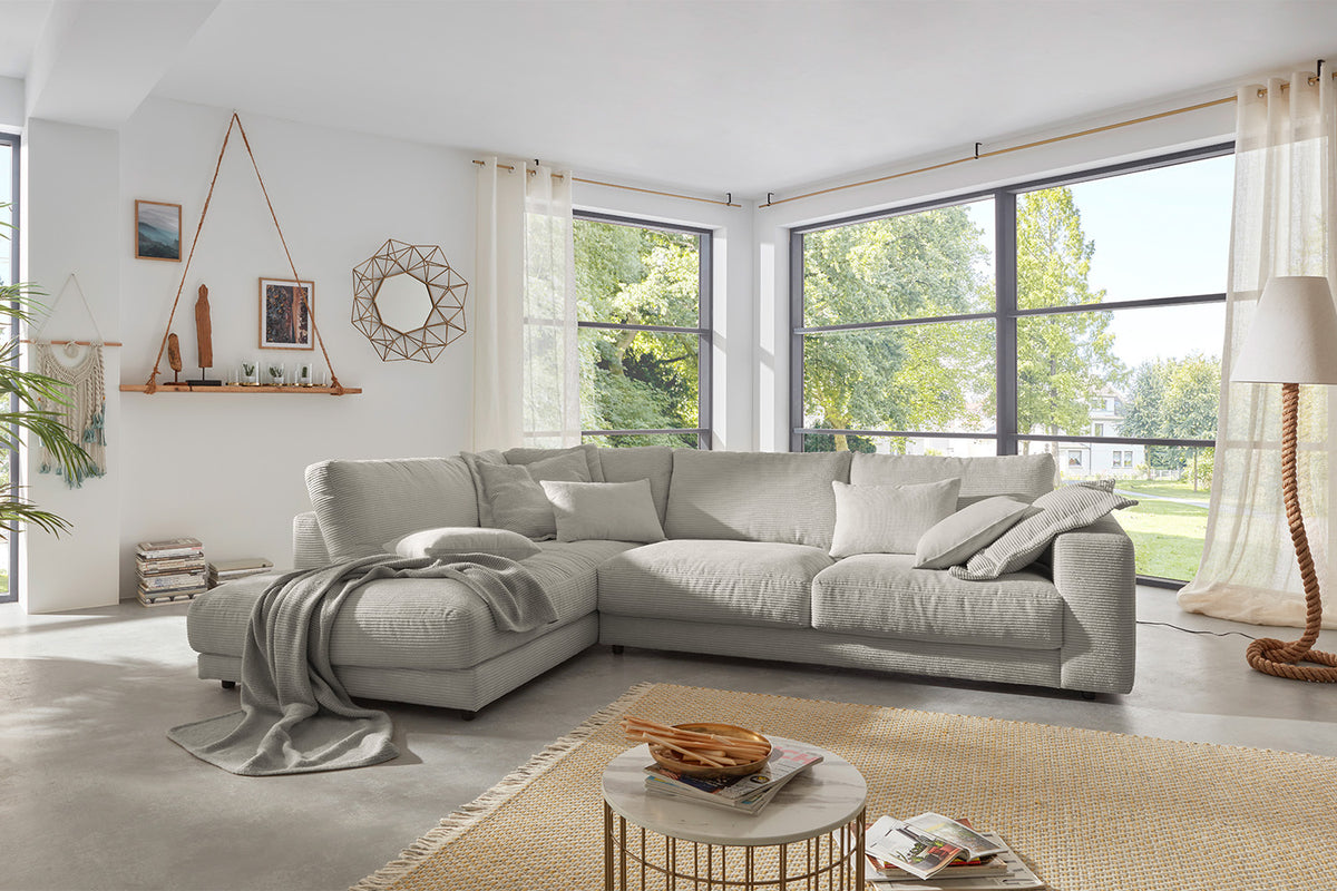 KAWOLA Sofa MADELINE Ecksofa mit Recamiere Cord steingrau, Links