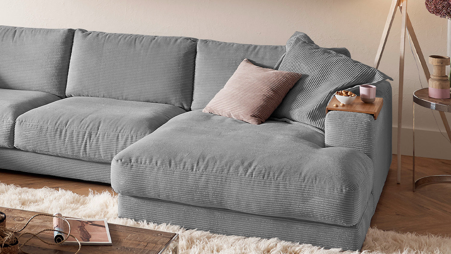KAWOLA Sofa MADELINE Wohnlandschaft U-Form Cord grau