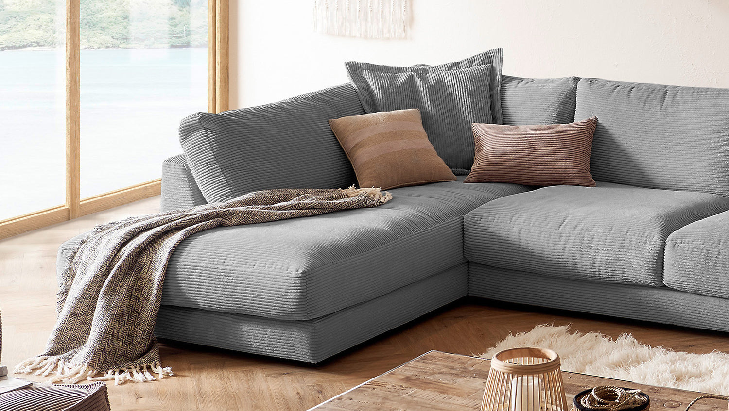 KAWOLA Sofa MADELINE Wohnlandschaft U-Form Cord grau