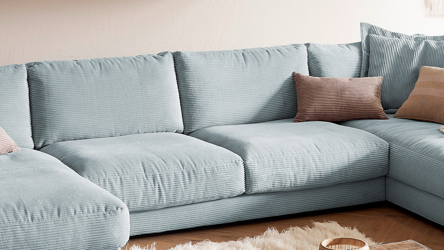 KAWOLA Sofa MADELINE Wohnlandschaft U-Form Cord hellblau