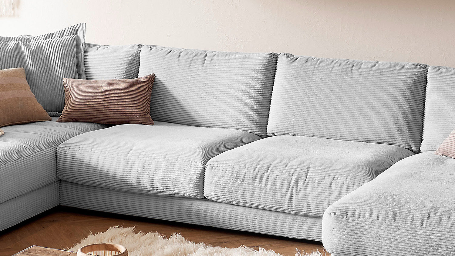 KAWOLA Sofa MADELINE Wohnlandschaft U-Form Cord hellgrau