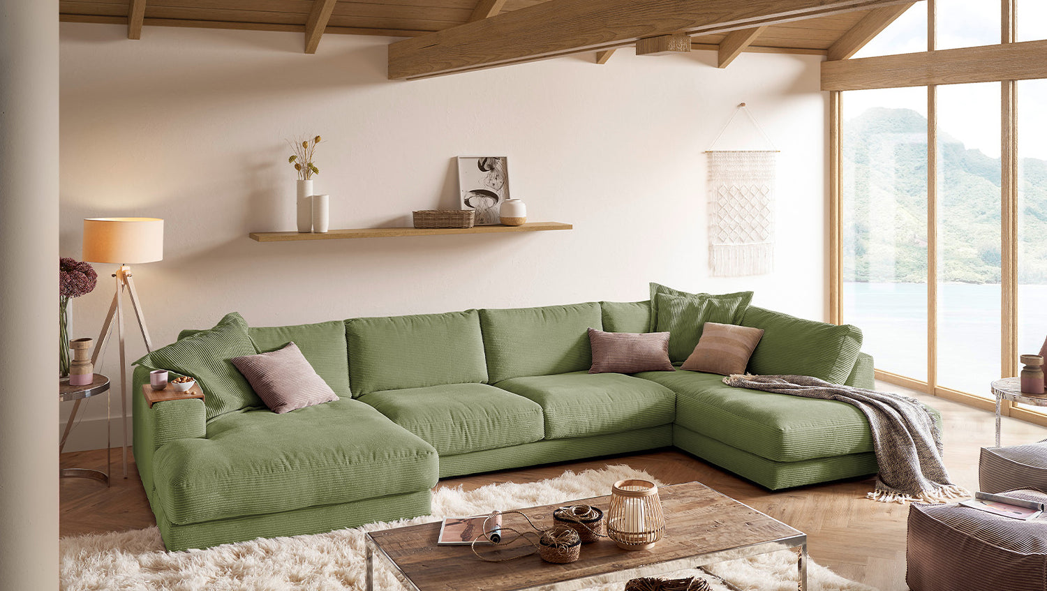 KAWOLA Sofa MADELINE Wohnlandschaft U-Form Cord olivgrün, Links
