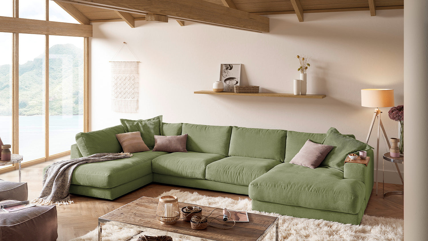 KAWOLA Sofa MADELINE Wohnlandschaft U-Form Cord olivgrün, Rechts