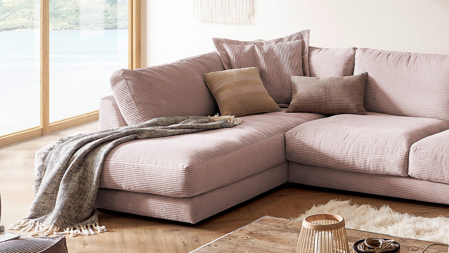KAWOLA Sofa MADELINE Wohnlandschaft U-Form Cord rosa