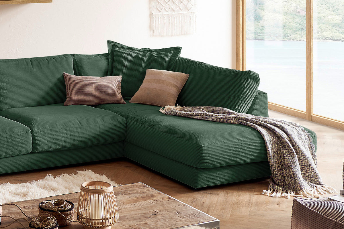 KAWOLA Sofa MADELINE Wohnlandschaft U-Form Cord smaragd