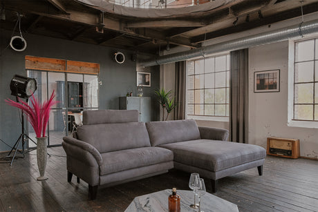 KAWOLA Sofa MALTA Ecksofa Stoff grau, Rechts, Mit Kopfstütze, Relaxfunktion