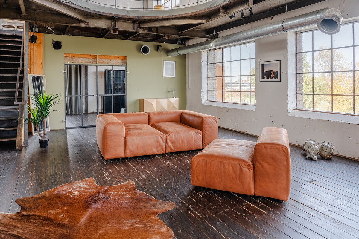 KAWOLA Sofa MIA Modulares Sofa 8-tlg. Lederfaserstoff cognac