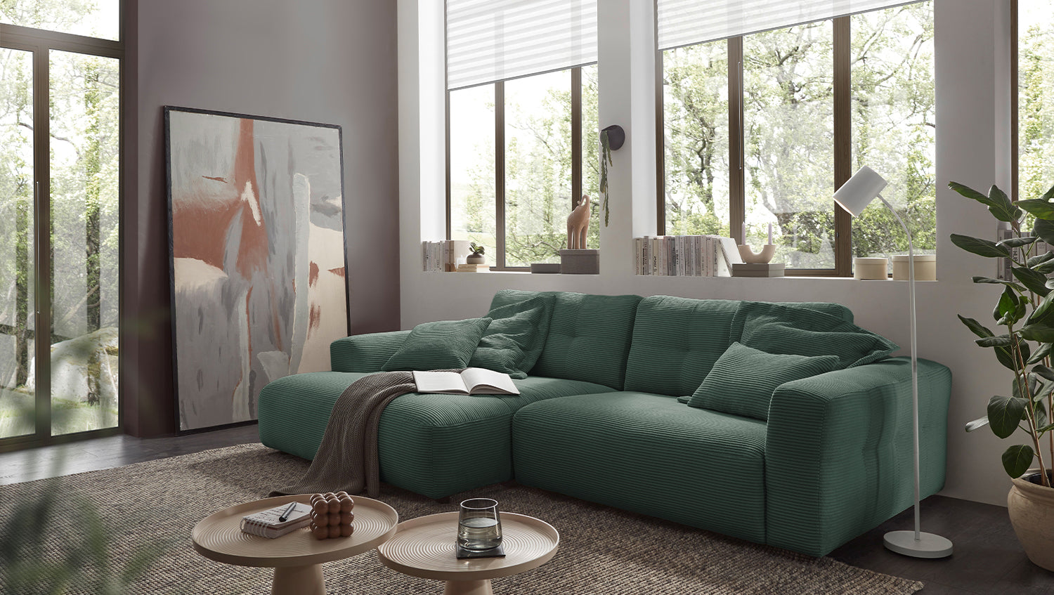 KAWOLA Sofa MIKA Ecksofa Cord smaragd, 276 x 167, Links