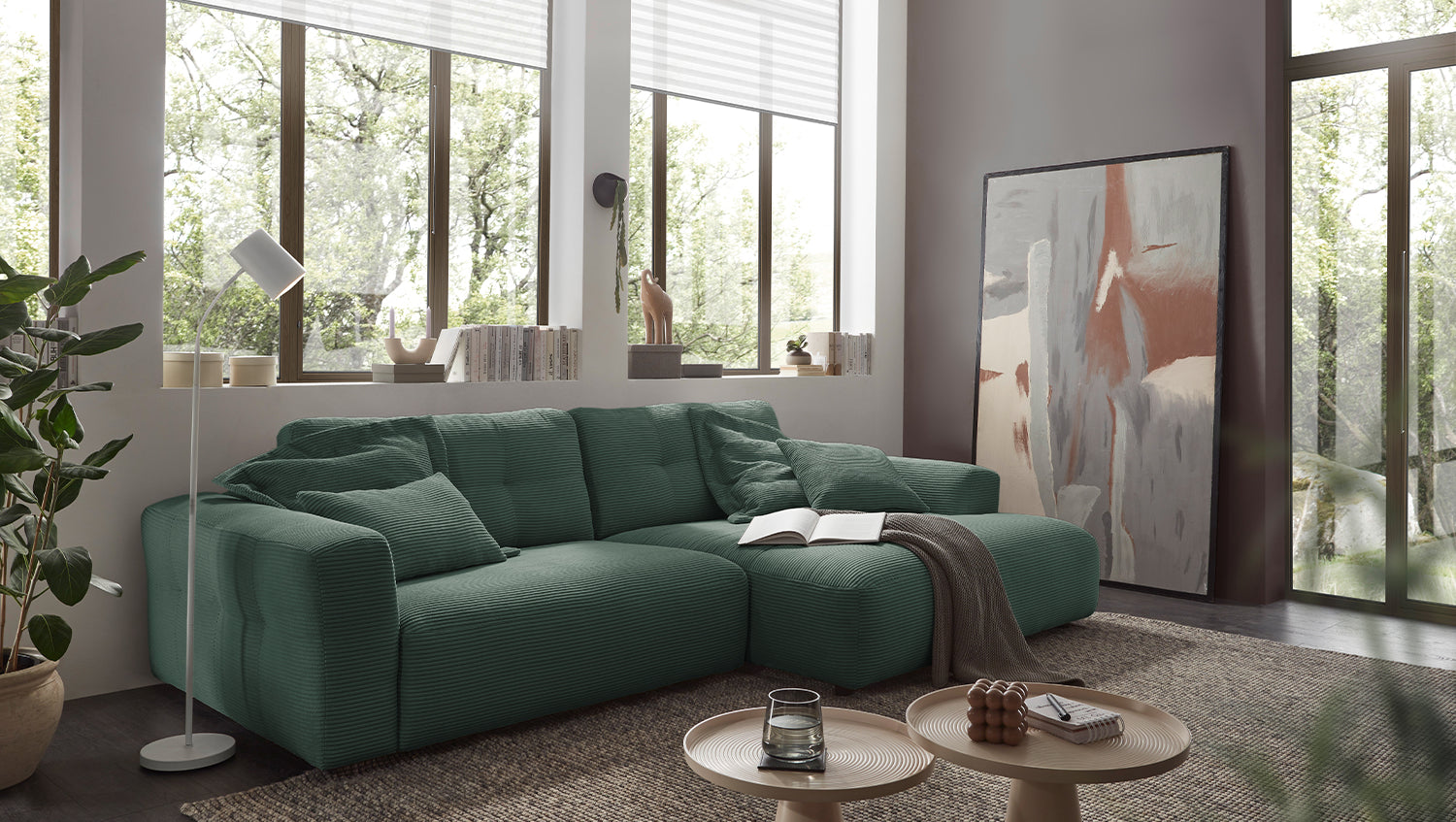 KAWOLA Sofa MIKA Ecksofa Cord smaragd, 296 x 167, Rechts