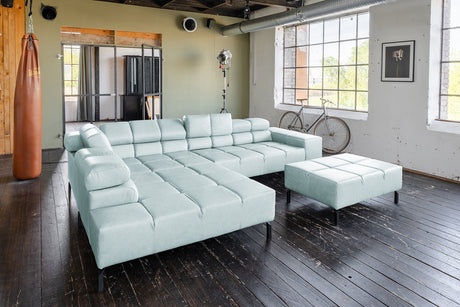 KAWOLA Sofa NELSON Ecksofa Leder hellblau, Links, Mit Fußhocker, Relaxfunktion
