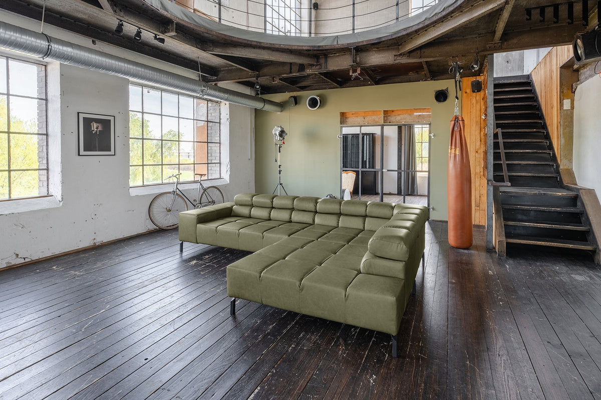 KAWOLA Sofa NELSON Ecksofa Leder olivgrün, Rechts, Ohne Zusatzausstattung, Relaxfunktion