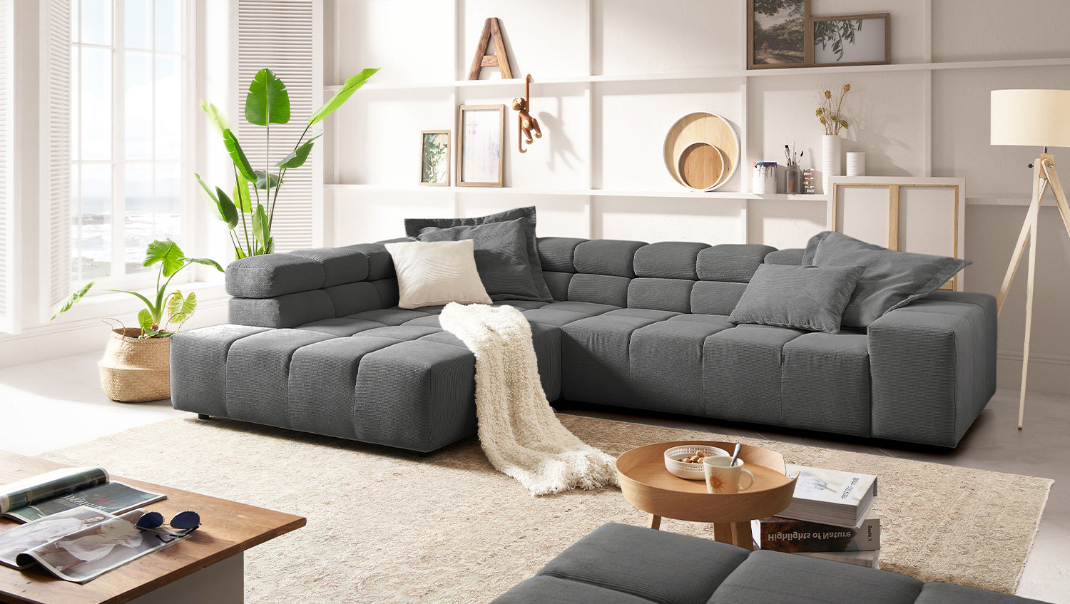 KAWOLA Sofa NEVADA Ecksofa Feincord anthrazit, Links, Ohne Komfortfunktion