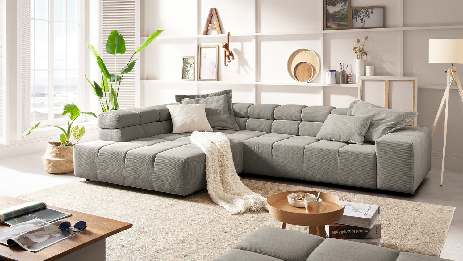 KAWOLA Sofa NEVADA Ecksofa Feincord grau, Links, Relaxfunktion