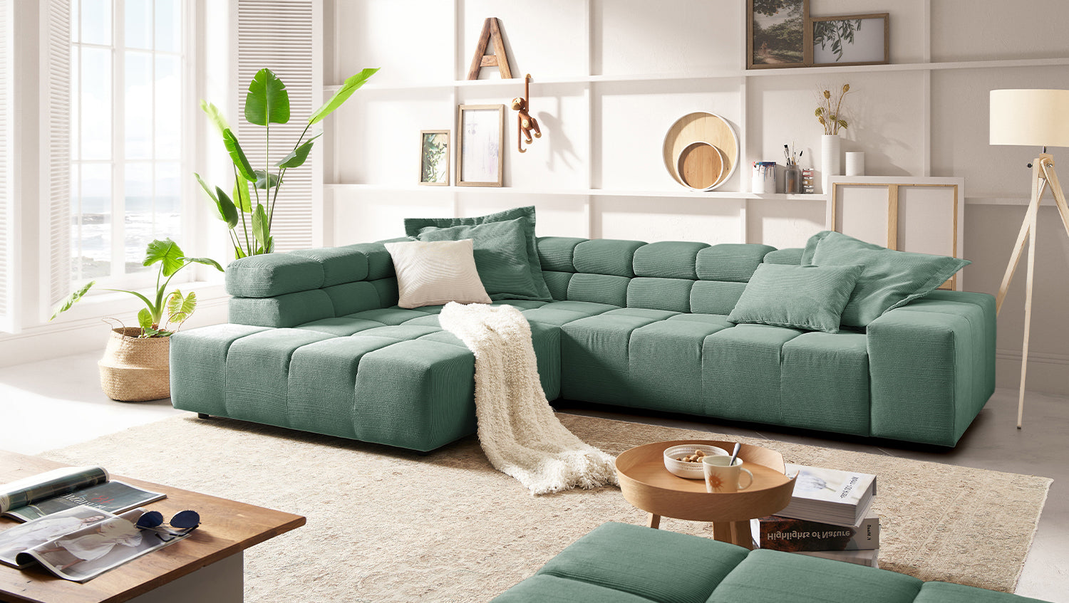 KAWOLA Sofa NEVADA Ecksofa Feincord grün, Links, Relaxfunktion