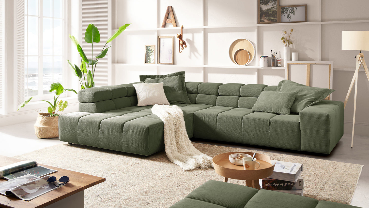 KAWOLA Sofa NEVADA Ecksofa Feincord olivgrün, Links, Relaxfunktion