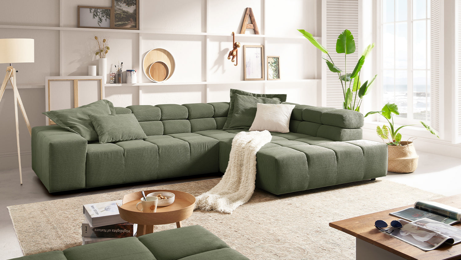 KAWOLA Sofa NEVADA Ecksofa Feincord olivgrün, Rechts, Relaxfunktion