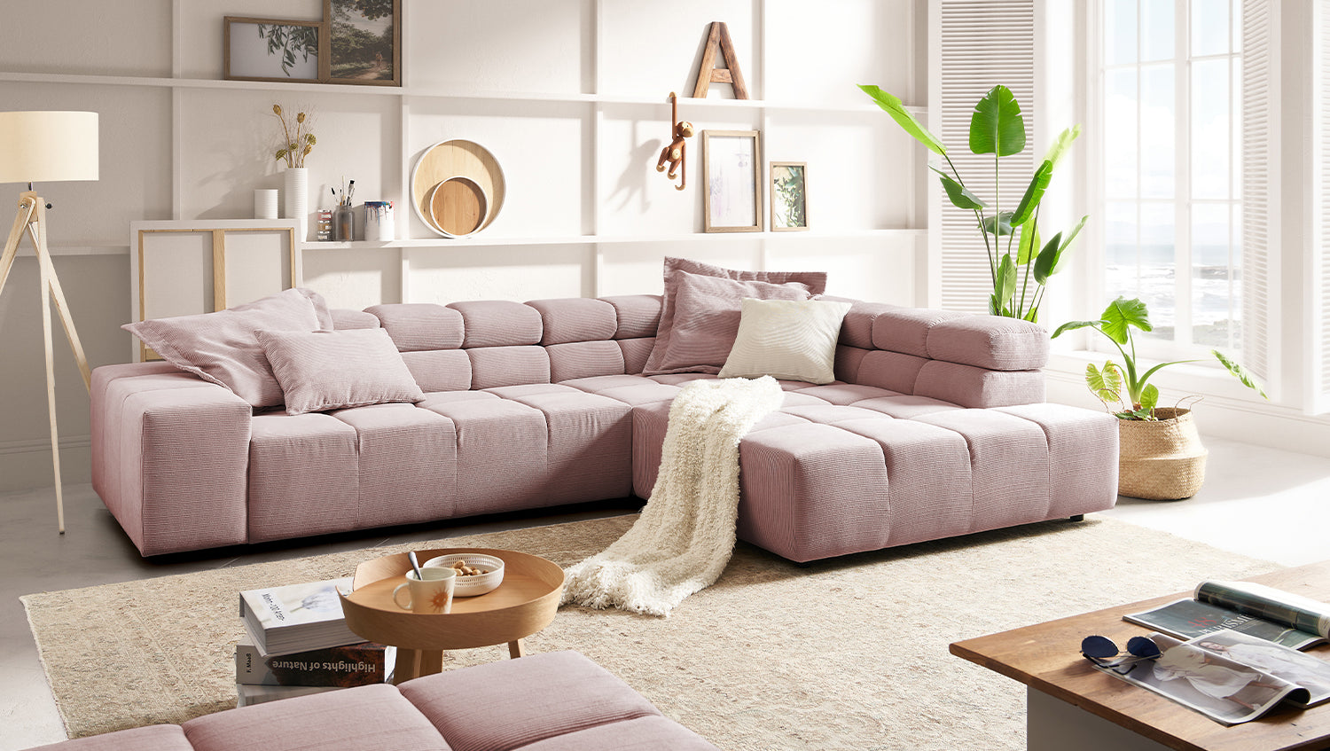 KAWOLA Sofa NEVADA Ecksofa Feincord rosa, Rechts, Relaxfunktion