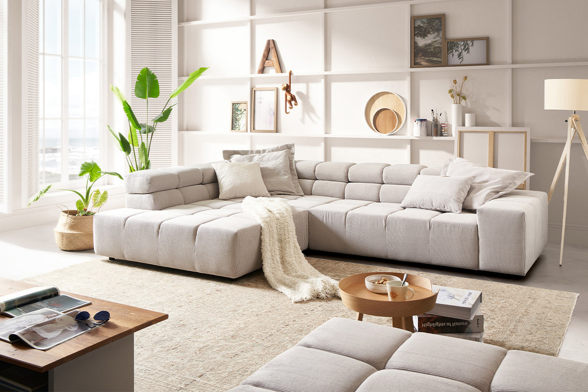 KAWOLA Sofa NEVADA Ecksofa Feincord silber, Links, Ohne Komfortfunktion