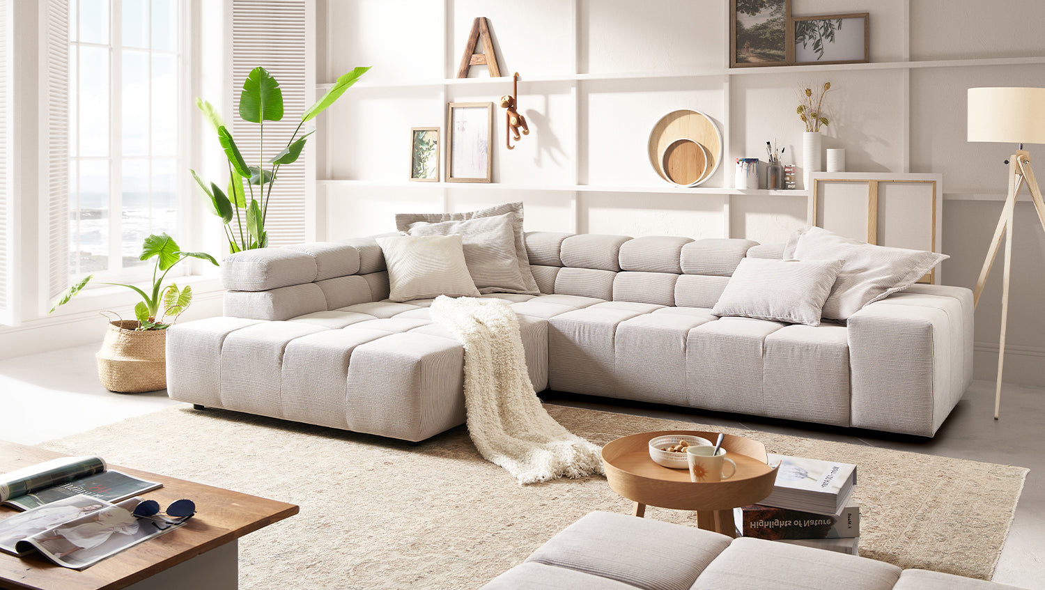 KAWOLA Sofa NEVADA Ecksofa Feincord silber, Links, Relaxfunktion