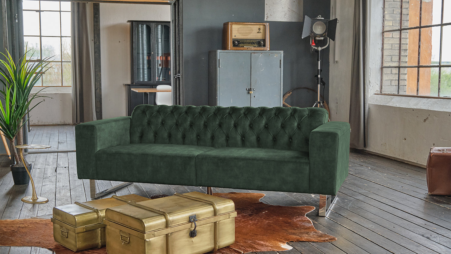KAWOLA Sofa NILO 3-Sitzer Velvet Vintage moosgrün