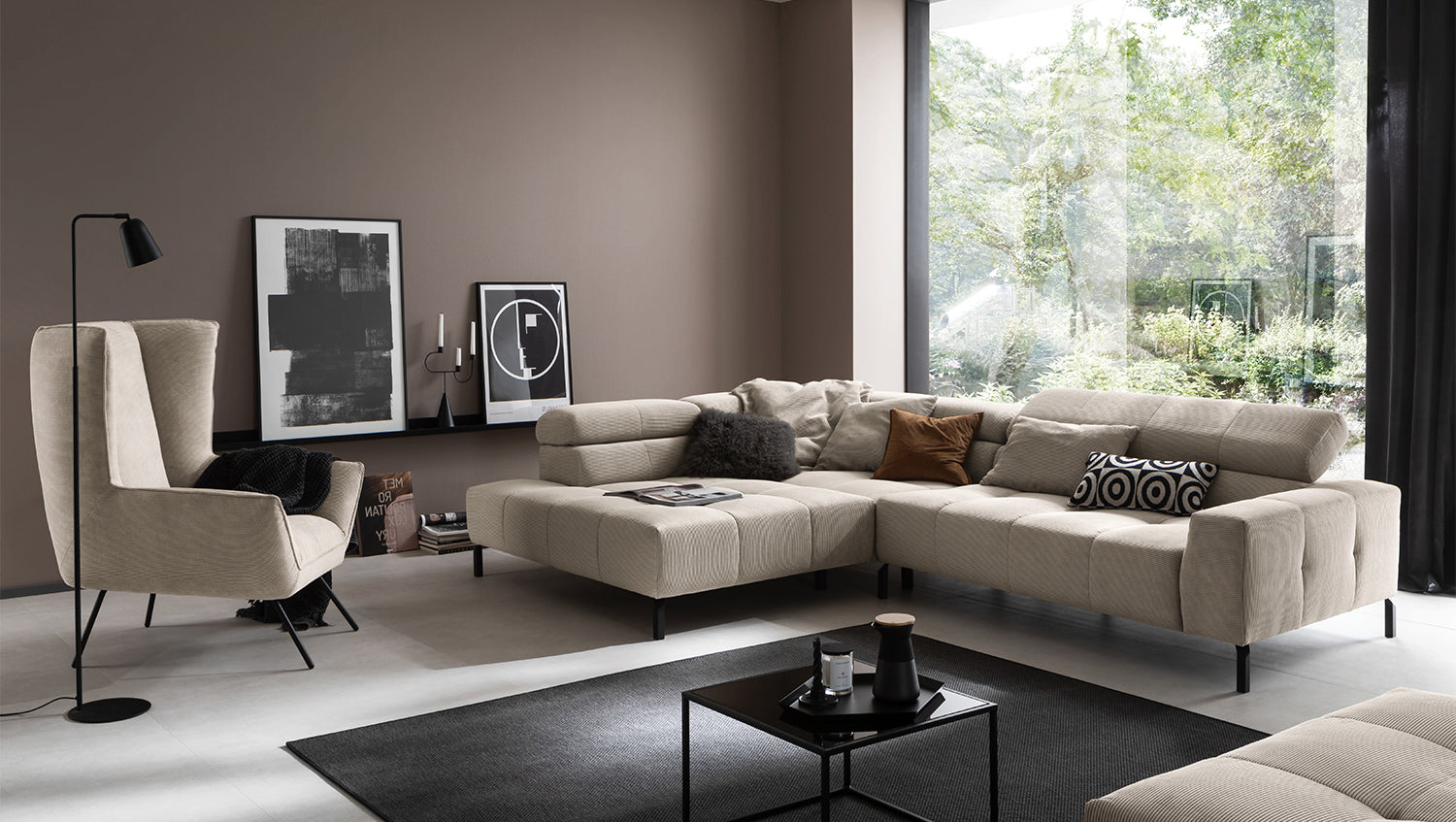 KAWOLA Sofa OHIO Ecksofa Feincord beige, Links, Relaxfunktion