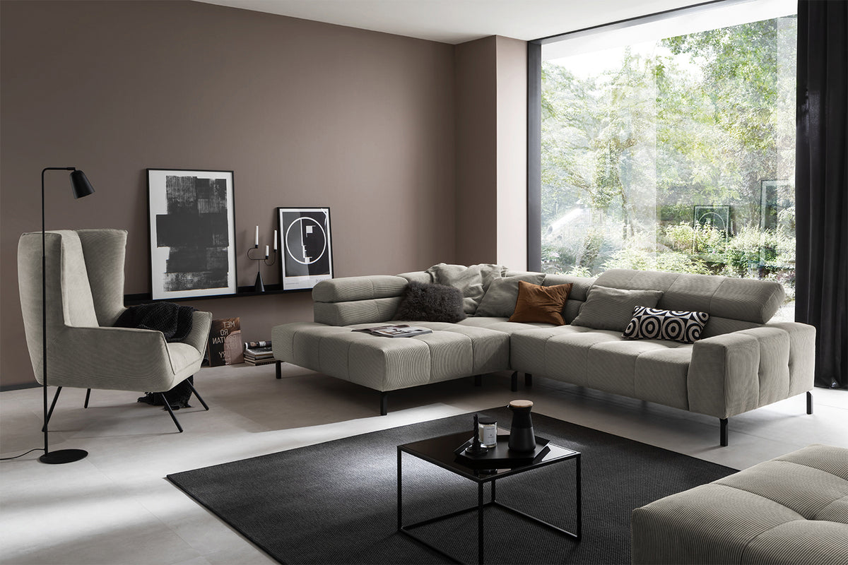 KAWOLA Sofa OHIO Ecksofa Feincord grau, Links, Ohne Komfortfunktion