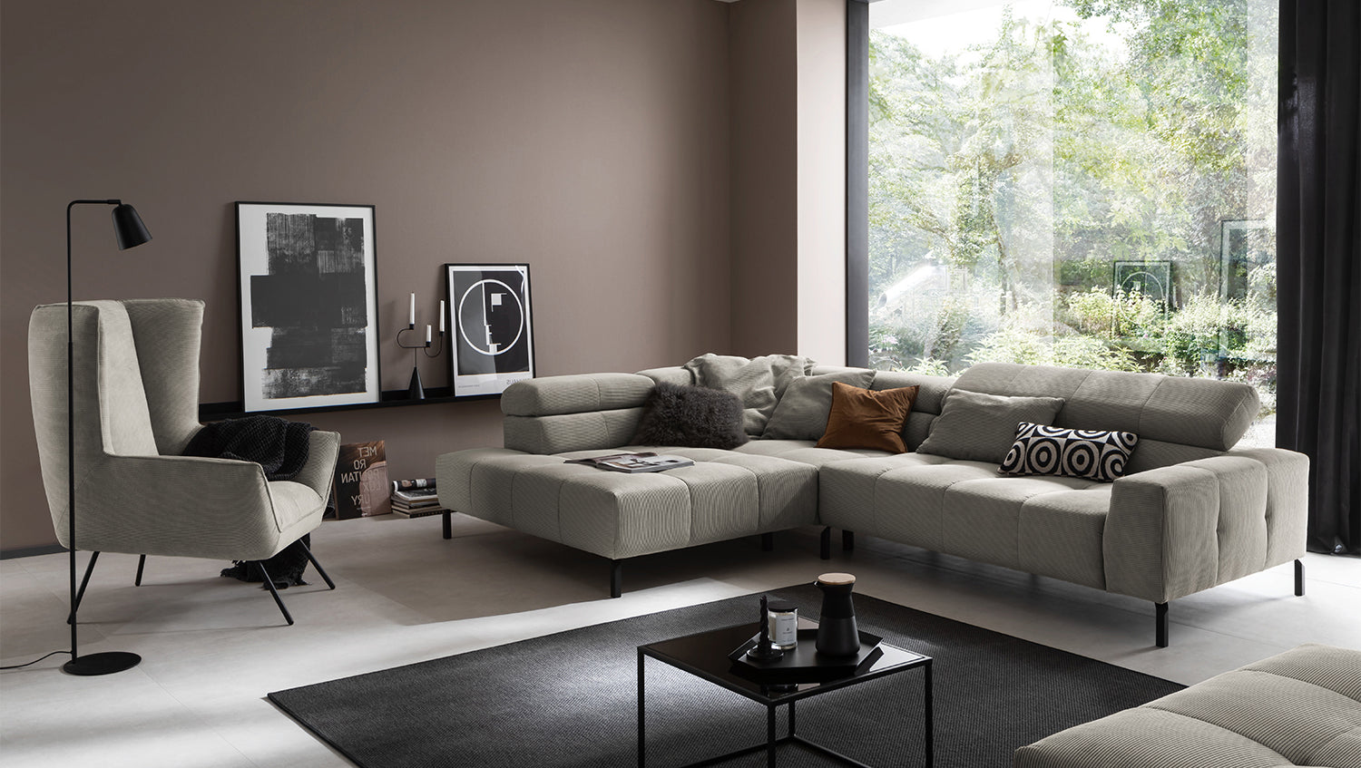 KAWOLA Sofa OHIO Ecksofa Feincord grau, Links, Relaxfunktion