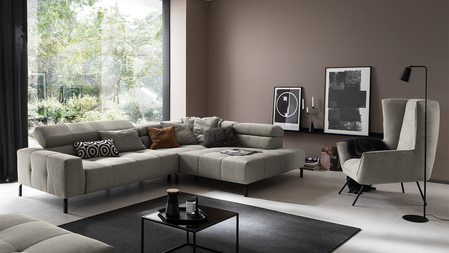 KAWOLA Sofa OHIO Ecksofa Feincord grau, Rechts, Relaxfunktion