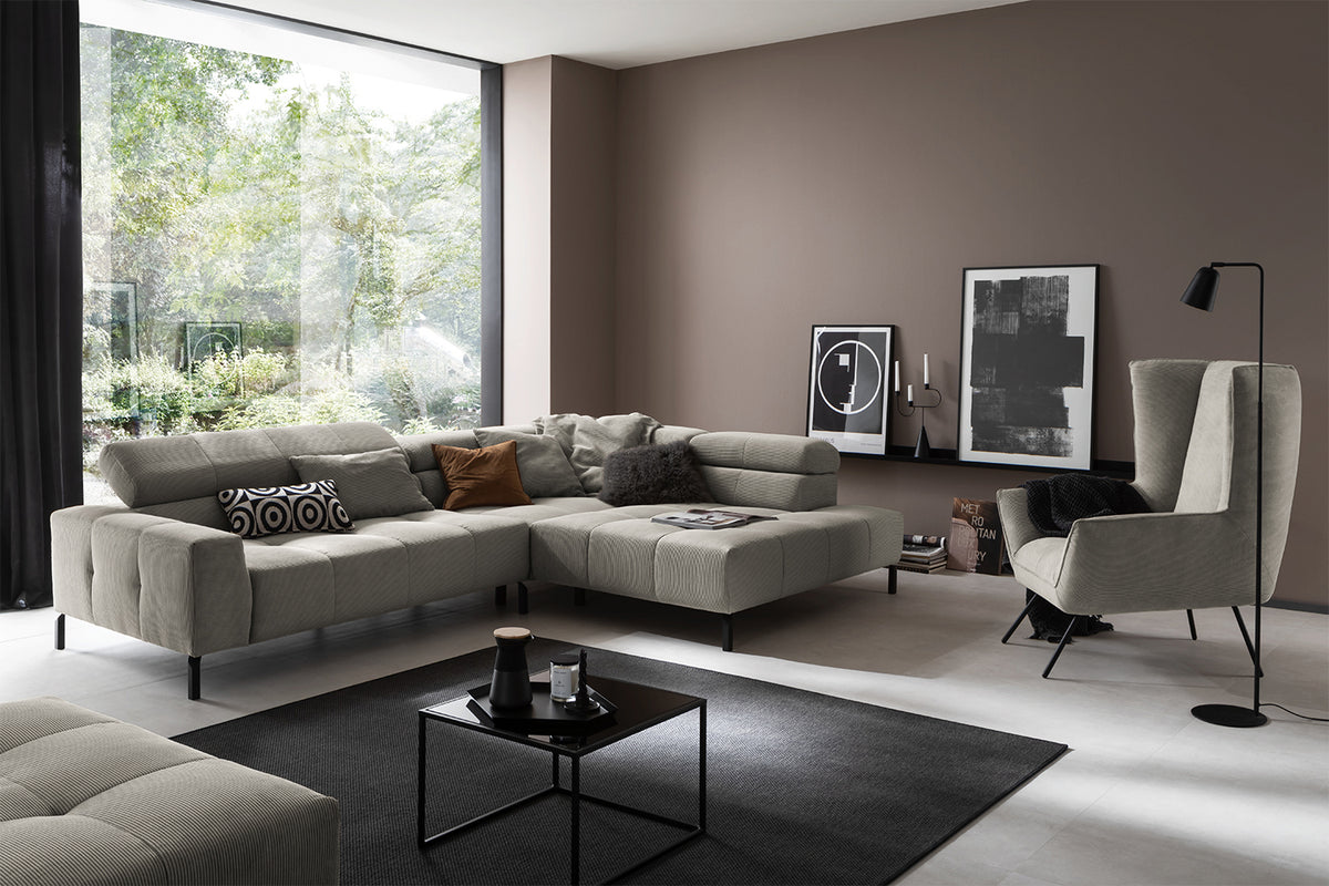 KAWOLA Sofa OHIO Ecksofa Feincord grau, Rechts, Relaxfunktion