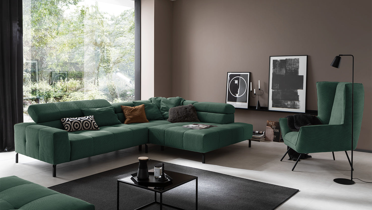 KAWOLA Sofa OHIO Ecksofa Feincord grün, Rechts, Relaxfunktion