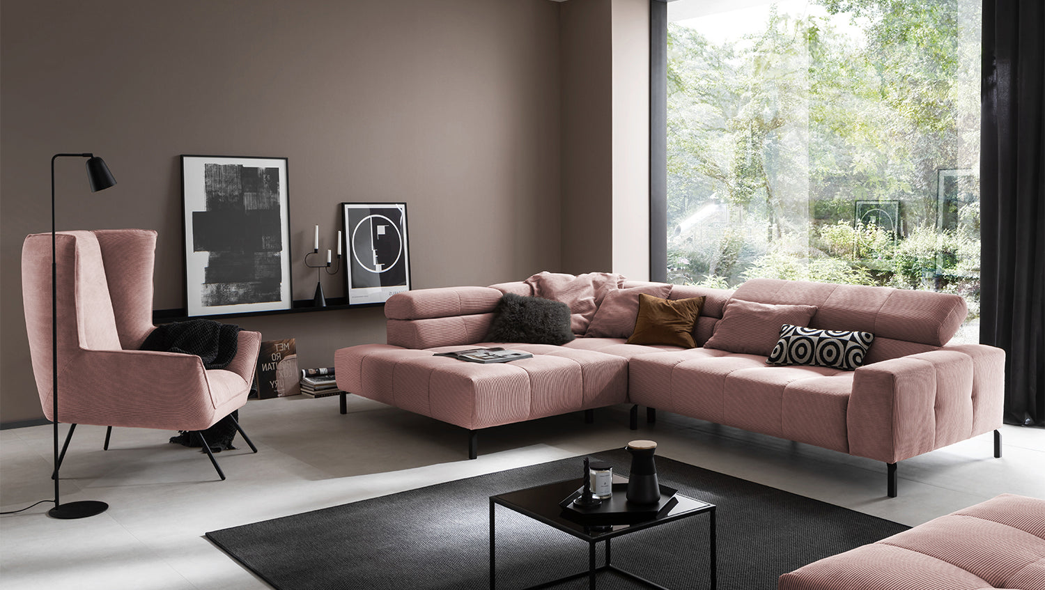 KAWOLA Sofa OHIO Ecksofa Feincord rosa, Links, Relaxfunktion