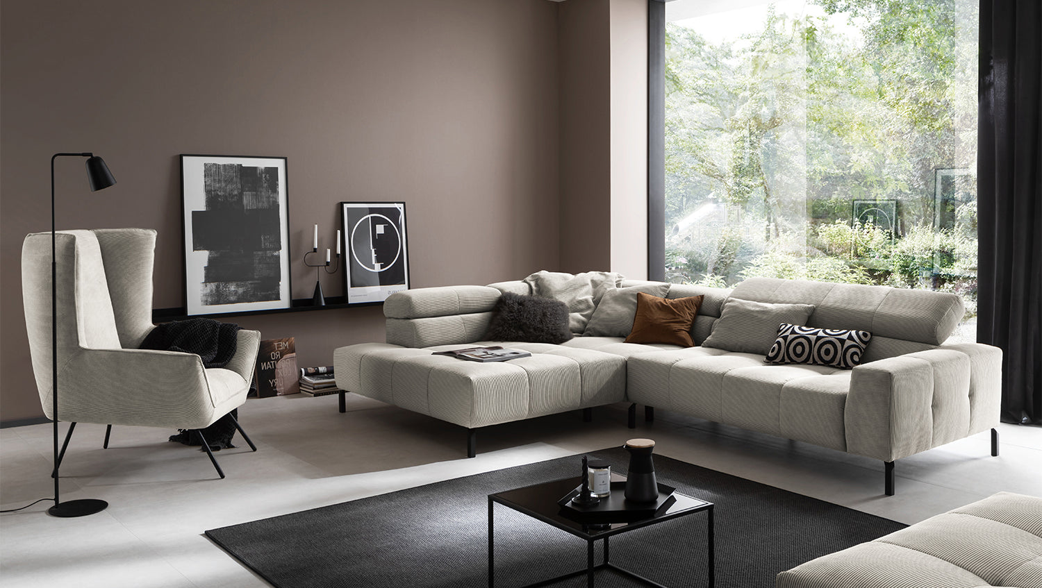 KAWOLA Sofa OHIO Ecksofa Feincord silber, Links, Relaxfunktion