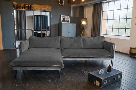 KAWOLA Sofa QUENYA Ecksofa Cord dunkelgrau / Velvet silber