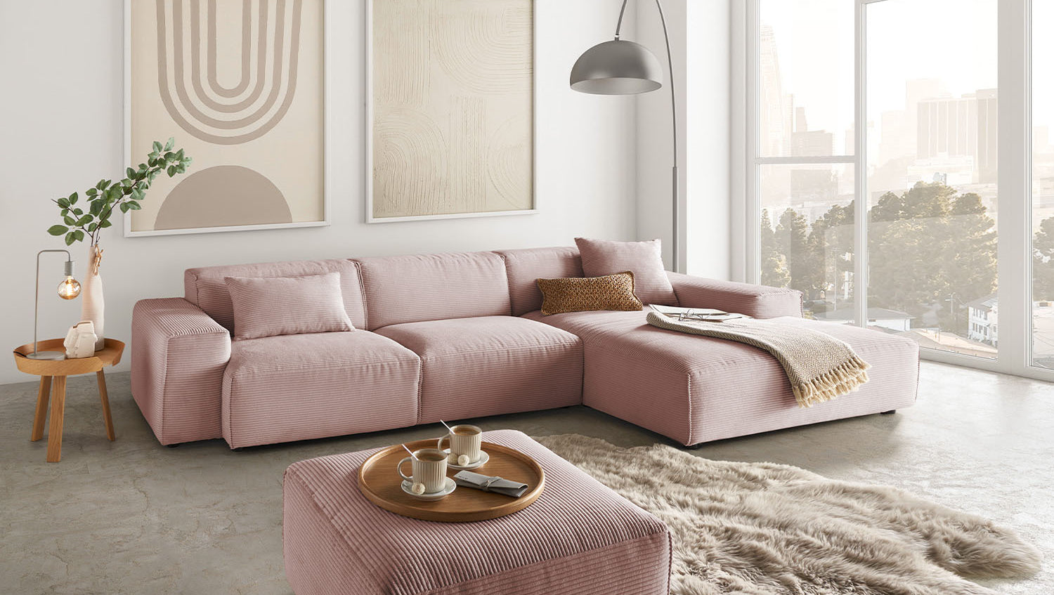 KAWOLA Sofa RANI Ecksofa Cord rosa, Rechts