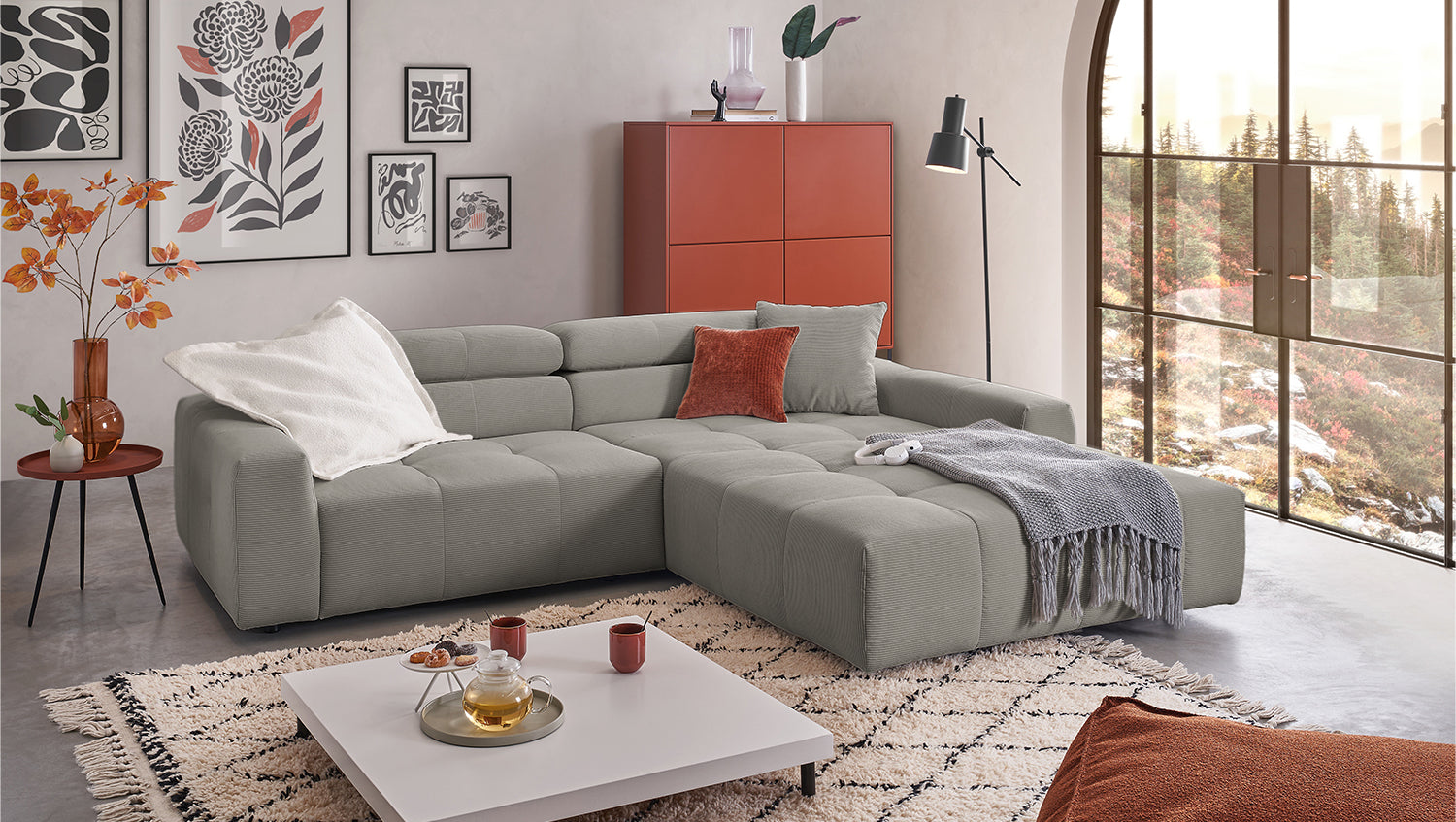 KAWOLA Sofa RENO Ecksofa Feincord grau, Rechts, Ohne Komfortfunktion