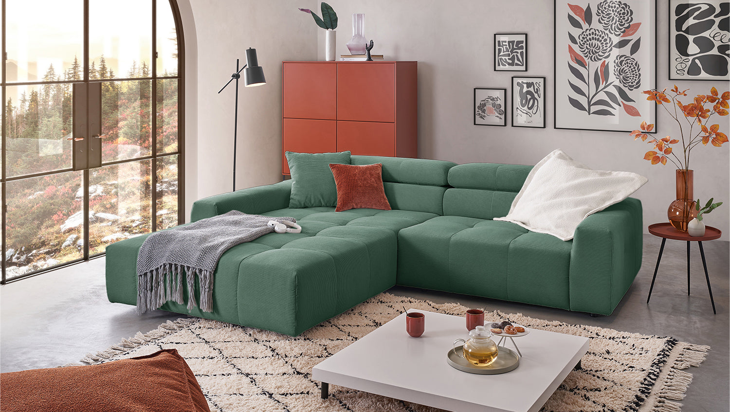 KAWOLA Sofa RENO Ecksofa Feincord grün, Links, Relaxfunktion