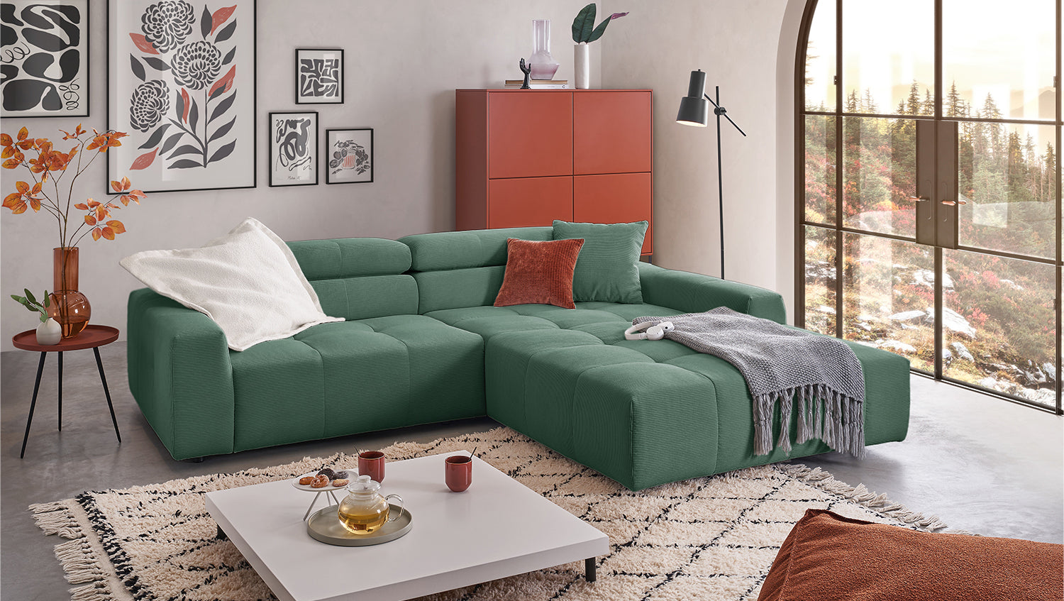 KAWOLA Sofa RENO Ecksofa Feincord grün, Rechts, Relaxfunktion
