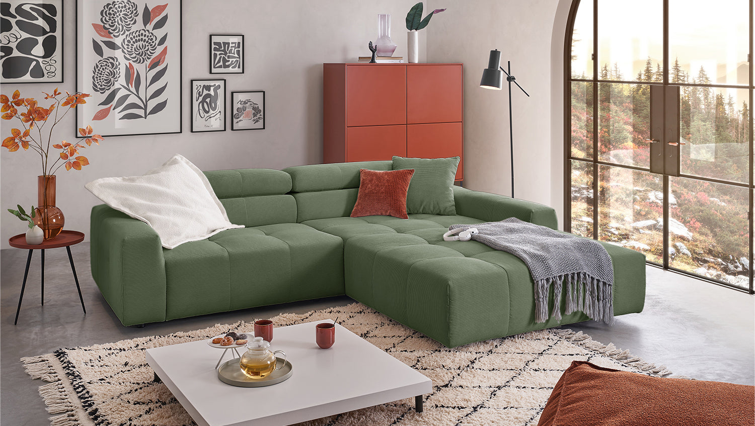 KAWOLA Sofa RENO Ecksofa Feincord olivgrün, Rechts, Relaxfunktion