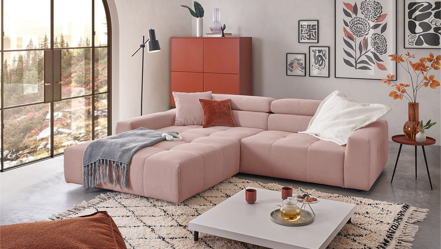 KAWOLA Sofa RENO Ecksofa Feincord rosa, Links, Relaxfunktion