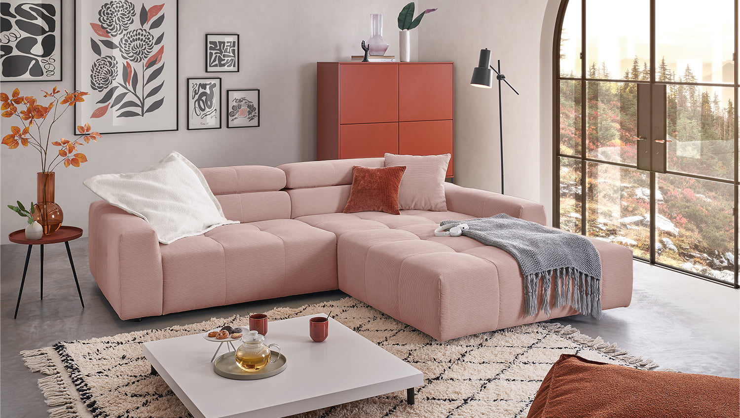 KAWOLA Sofa RENO Ecksofa Feincord rosa, Rechts, Relaxfunktion